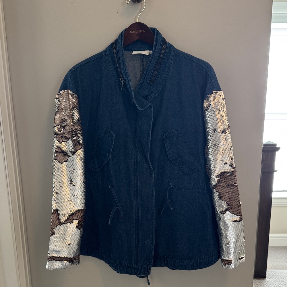 The Room Denim Jacket with Sequin Sleeves